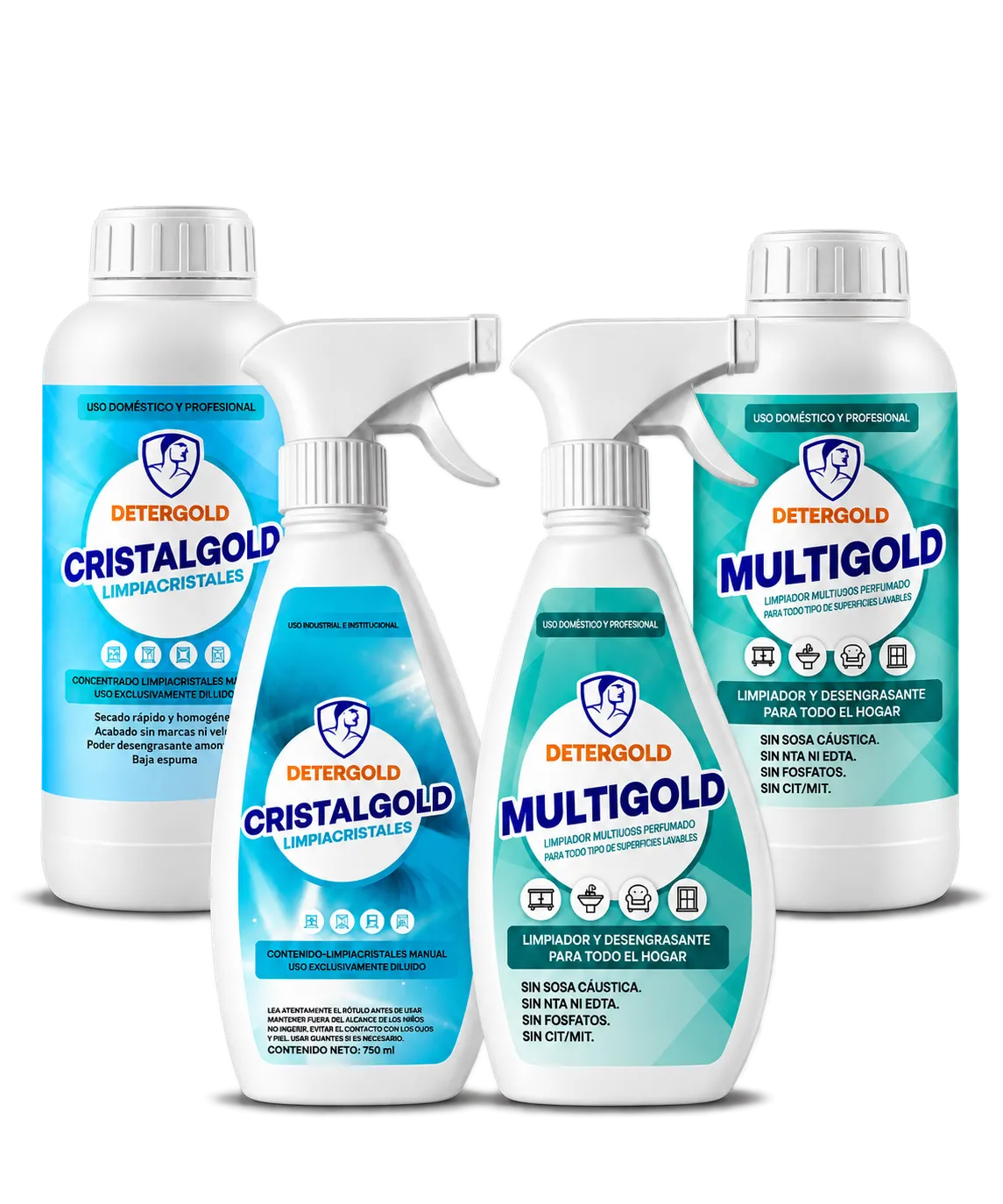 Pack de limpieza Detergold Hogar II con CRISTALGOLD y MULTIGOLD y sus pulverizadores